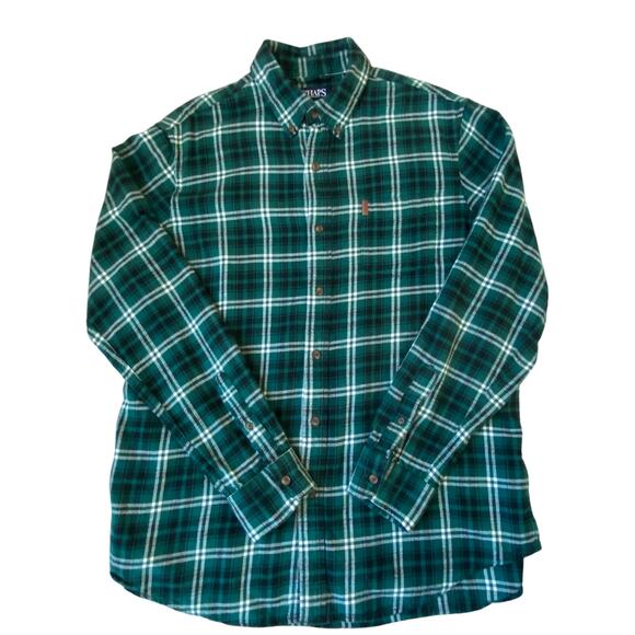 Chaps Performance Flannel Shirt Men L Green Windowpane Plaid Button Down Outdoor - Picture 2 of 8